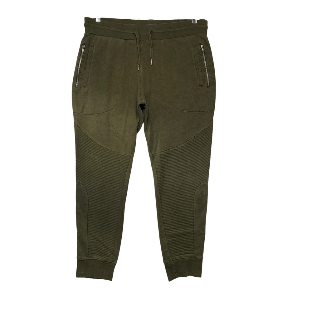Zara Mens‎ Biker Jogger Pants Olive Green Ribbed Moto Sweatpants Large